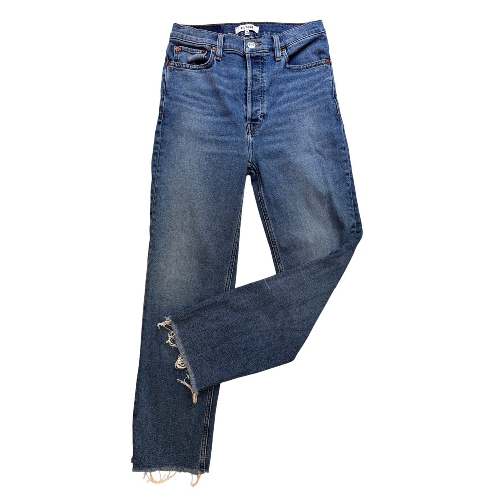 RE/DONE Originals High Rise Stove Pipe Jeans Women 28 Indigo Raw Hem 164-3WSTV27